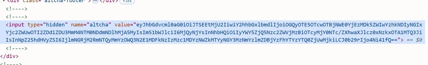 The hidden altcha input selected in the DevTools Elements panel on technative.eu, its value attribute holding the widget's solved result
