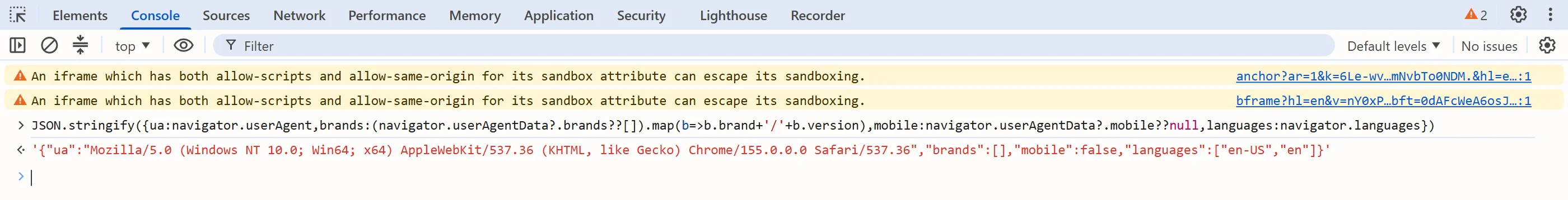The DevTools console on a page: one JSON.stringify line reporting the user agent, the userAgentData brands, mobile and the languages array