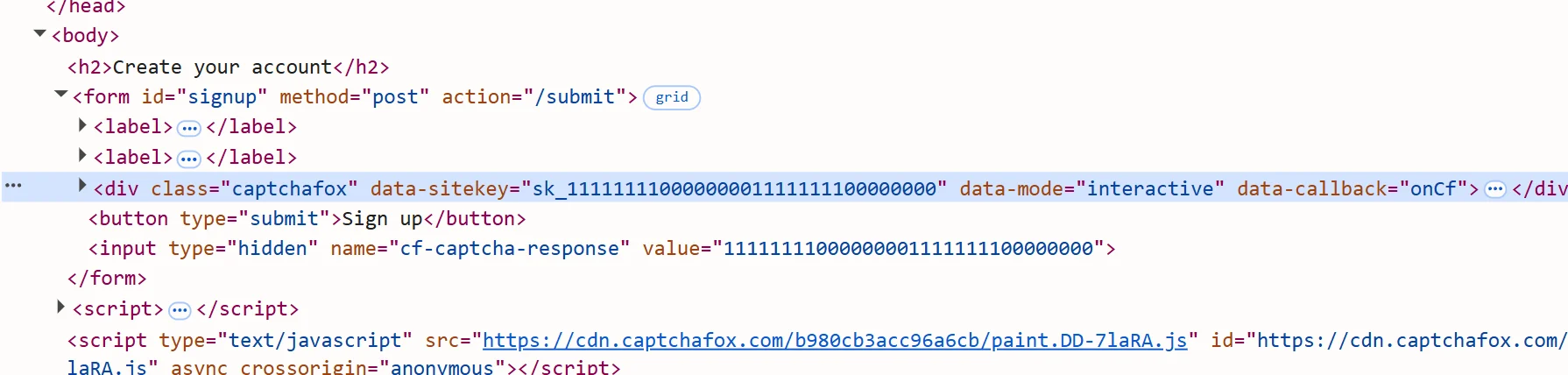 The captchafox container with its data-sitekey attribute holding the documented CaptchaFox test sitekey, selected in the DevTools Elements panel on a local demo signup form