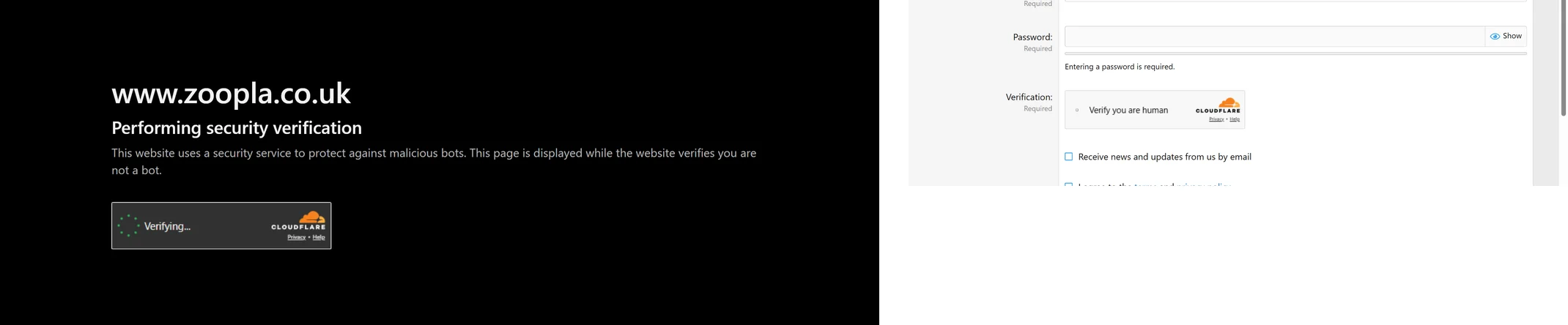 Left: the Cloudflare interstitial for a challenged origin. Right: a registration form carrying a Turnstile widget