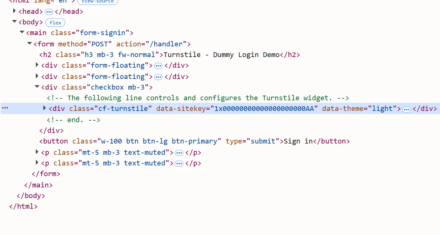 The cf-turnstile div with its data-sitekey attribute selected in the Elements panel on Cloudflare's Turnstile demo page