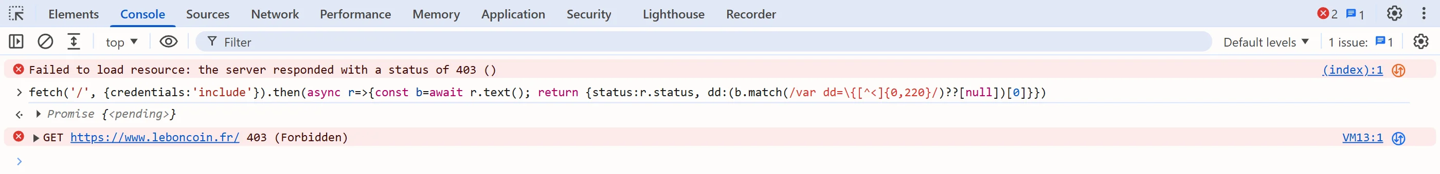 A same-origin GET of the blocked document on leboncoin.fr returning 403, with the response body's `var dd` object printed in the console