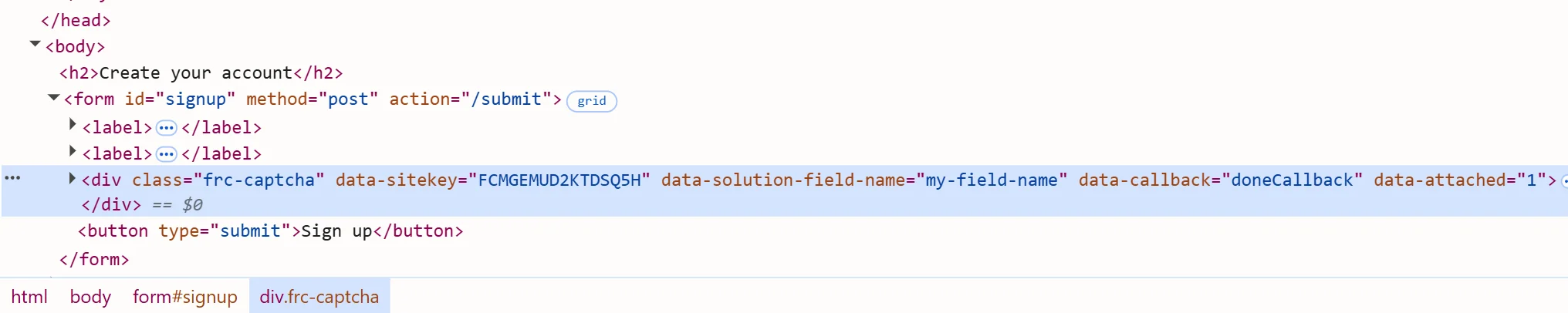 The Friendly Captcha widget div with data-solution-field-name and data-callback attributes, selected in the DevTools Elements panel on a local demo page running the official friendly-challenge 0.9.17 widget script
