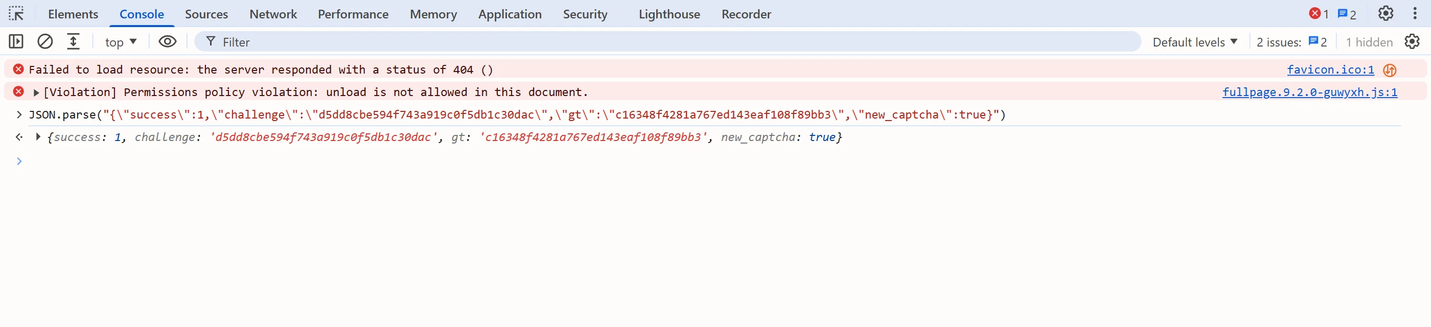 The GeeTest register response JSON parsed in the DevTools console on GeeTest's slide demo