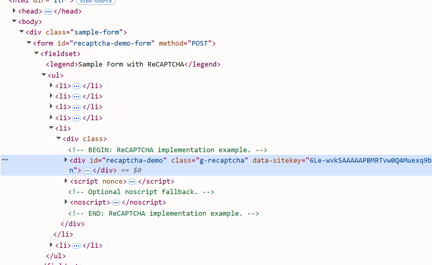The g-recaptcha element selected in the Elements panel, with its data-sitekey attribute