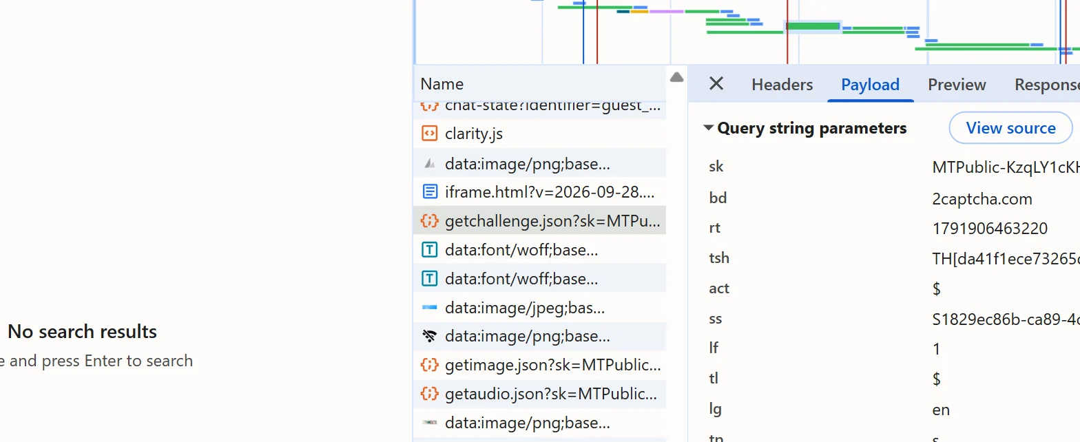 The DevTools Network panel on the 2captcha.com MTCaptcha demo page, the getchallenge.json request selected with its Payload tab showing the sk and act query parameters