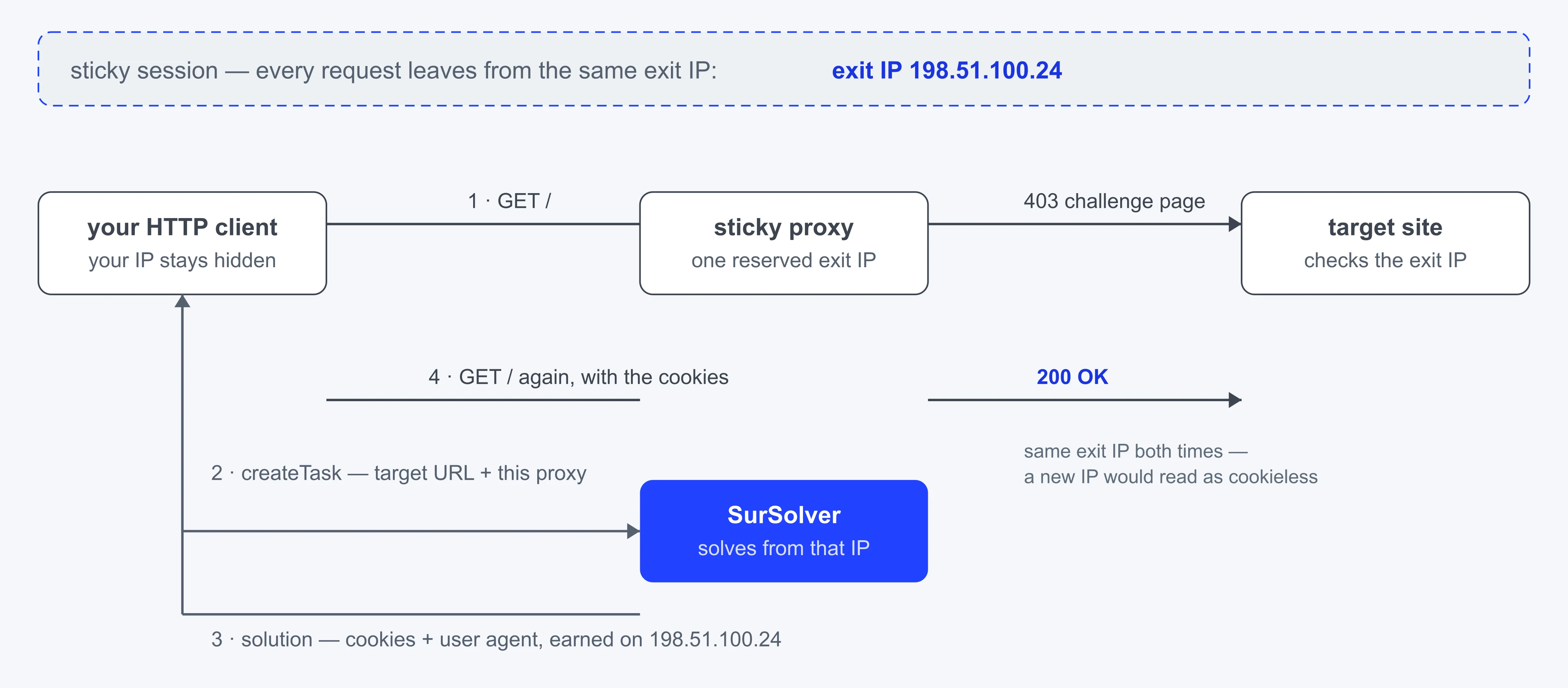 One sticky proxy session: the blocked GET, the createTask call and the replayed GET all leaving from the same exit IP