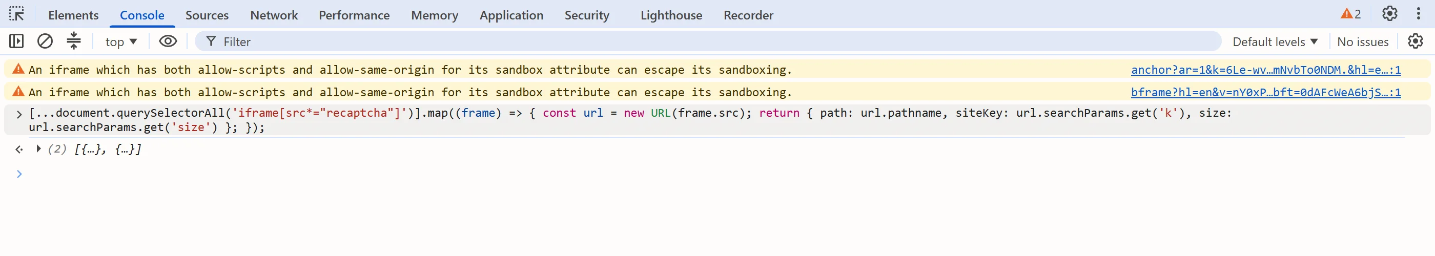 DevTools console on Google's reCAPTCHA v2 demo page: the snippet returns the anchor and bframe paths, the site key from k and the widget size