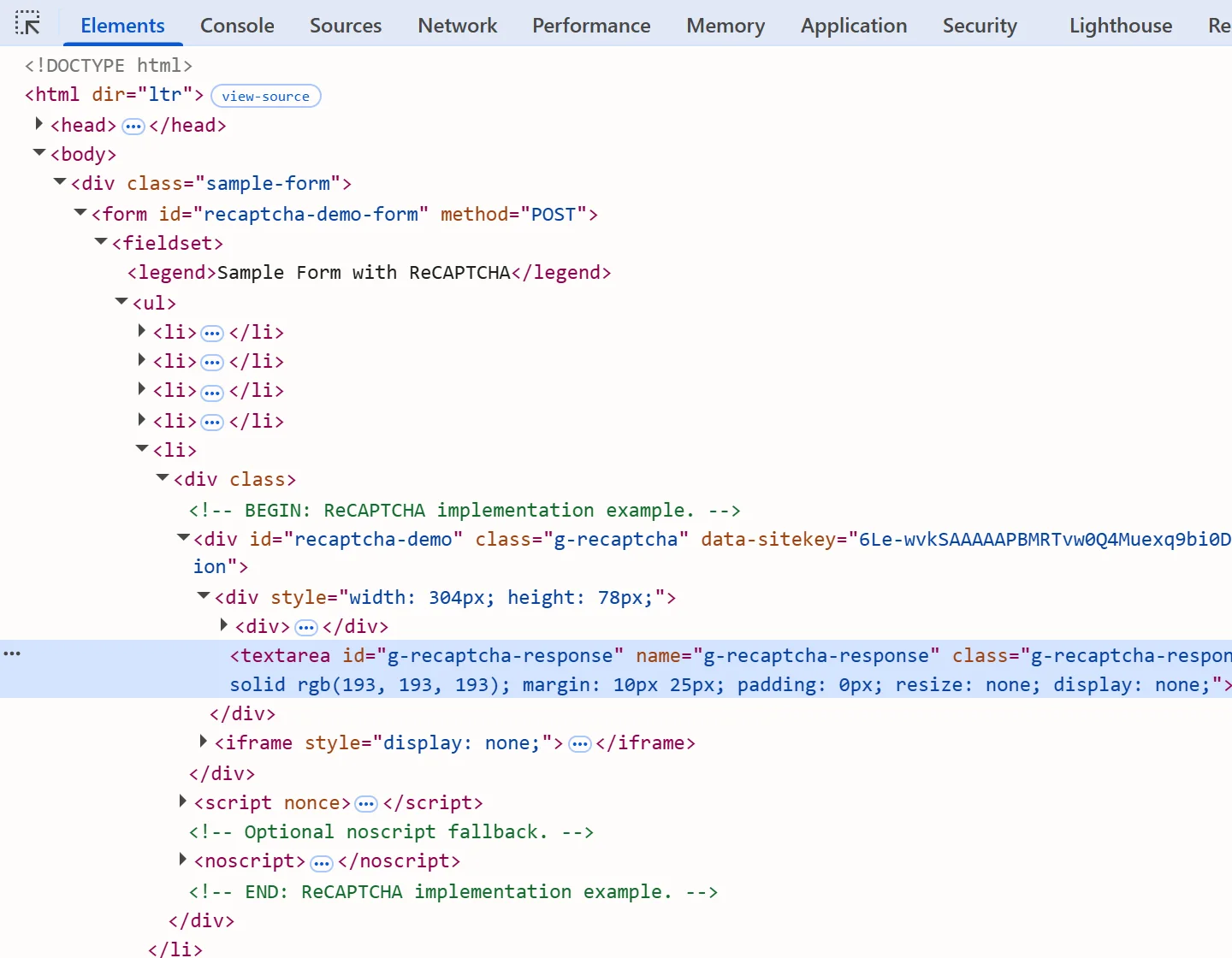 The hidden g-recaptcha-response textarea selected inside the form in the Elements panel
