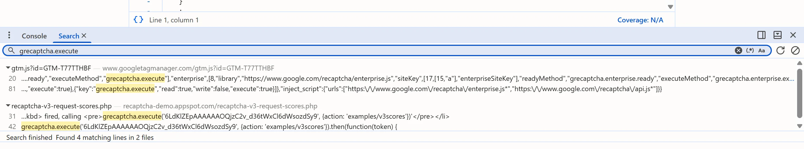 Global search in DevTools for grecaptcha.execute: the matched line shows the site key and the page's own action