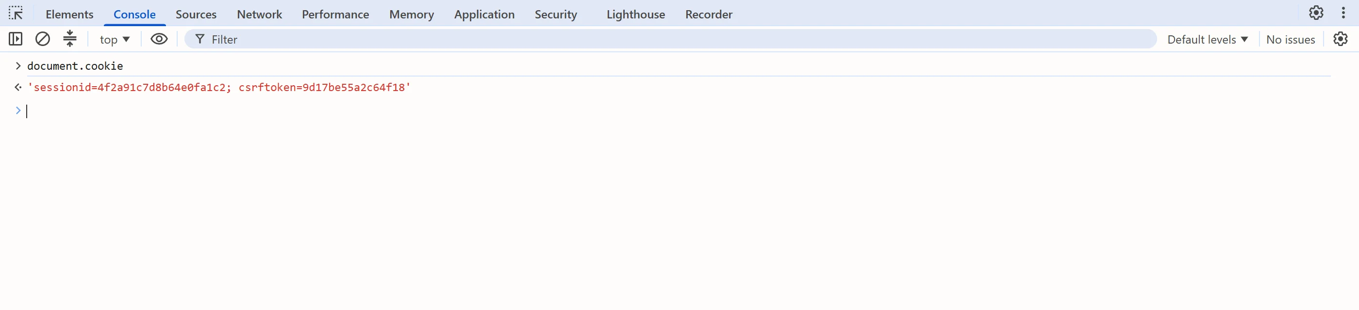 The console on the target domain after cookies were set on the session: `document.cookie` printing them