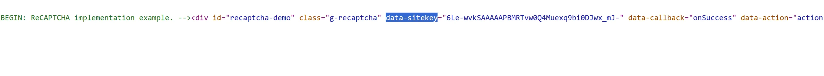 The browser's view-source of the reCAPTCHA demo page, centred on the g-recaptcha div's data-sitekey and data-callback attributes