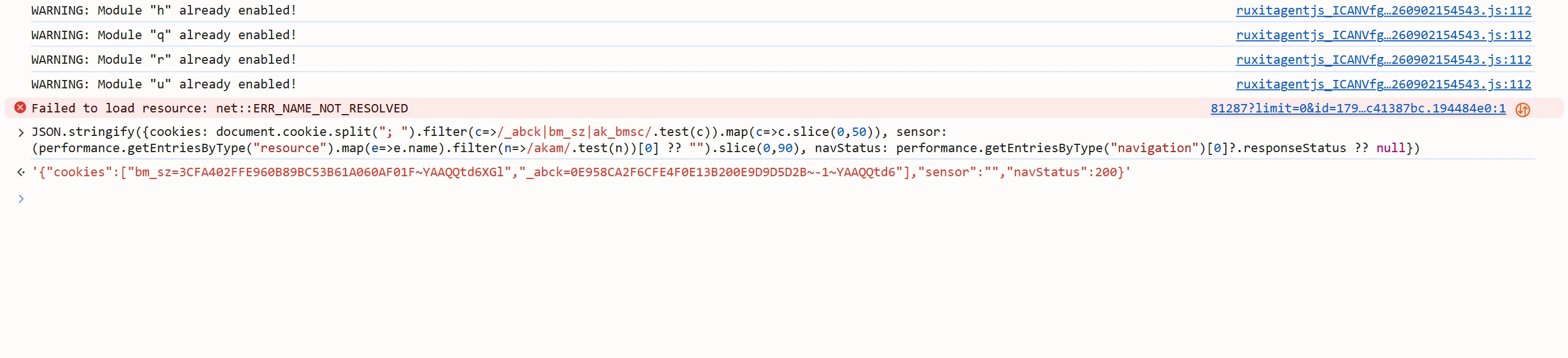 The Akamai cookies (including _abck and bm_sz) a real browser session holds on singaporeair.com, listed via the console