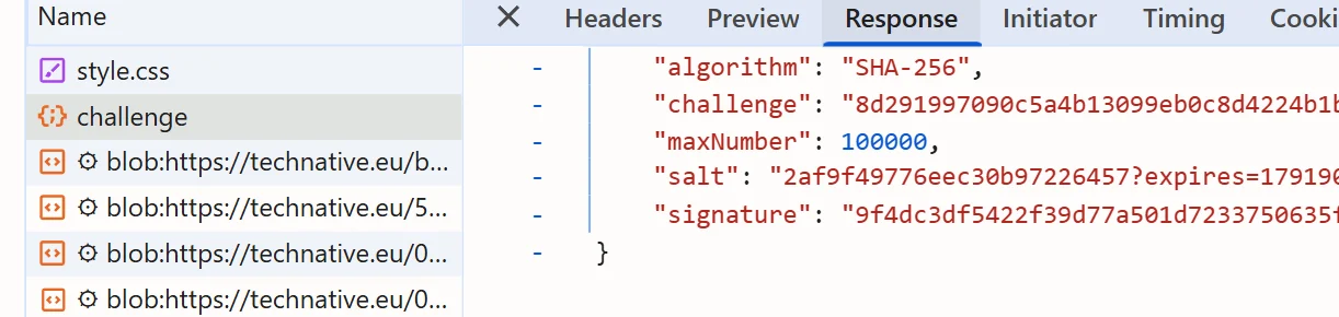 The DevTools Network panel on technative.eu with the sendform/challenge GET request selected, its JSON response showing the algorithm, challenge, salt and signature