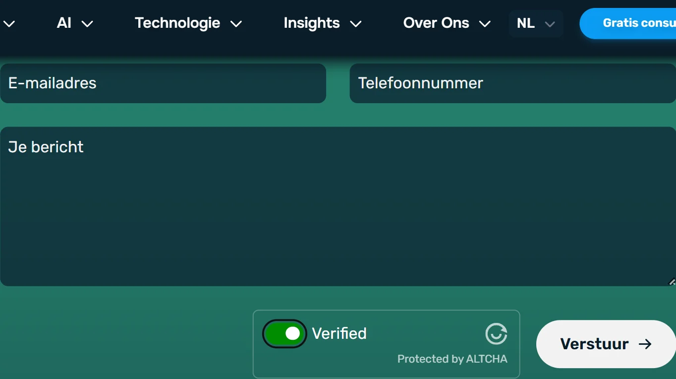 The Altcha widget on the technative.eu contact form in its verified state, the "I'm not a robot" switch checked