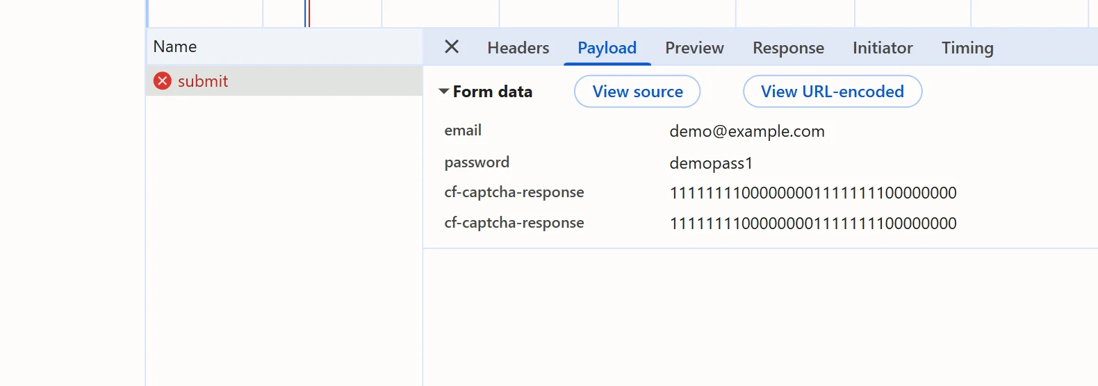 The DevTools Network panel on the local demo form with the signup POST selected, its Payload tab showing the cf-captcha-response field holding the token