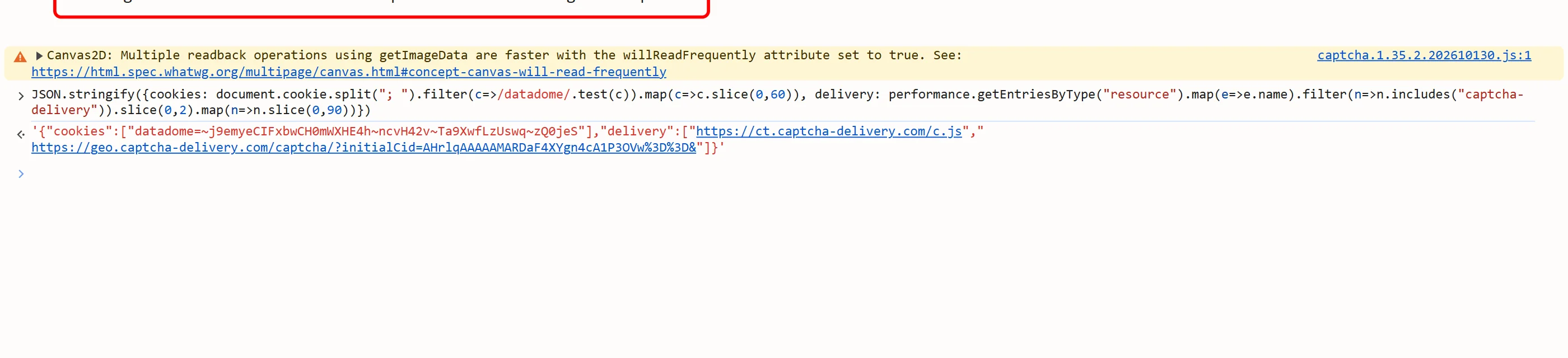 The datadome cookie and the captcha-delivery request URLs printed from the console on leboncoin.fr