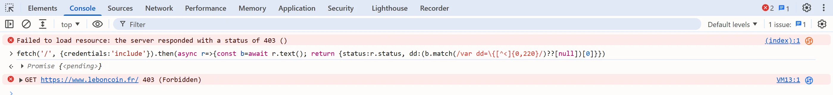 The blocked document fetched same-origin on leboncoin.fr: status 403, with the response body's `var dd` object printed in the console