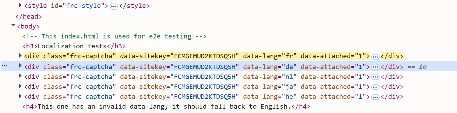 The Friendly Captcha widget div with its data-sitekey attribute, selected in the DevTools Elements panel on the official friendly-challenge 0.9.17 demo page
