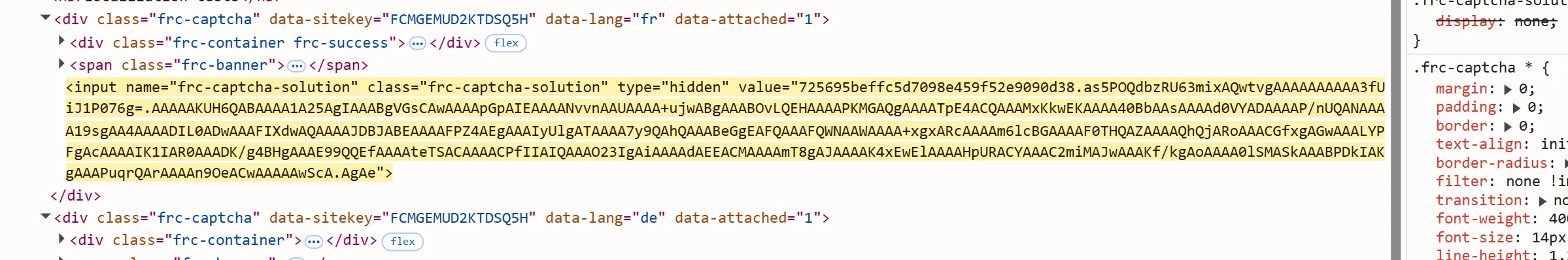 The frc-captcha-solution hidden input selected in the DevTools Elements panel on the official friendly-challenge 0.9.17 demo page, its value attribute holding the solved token