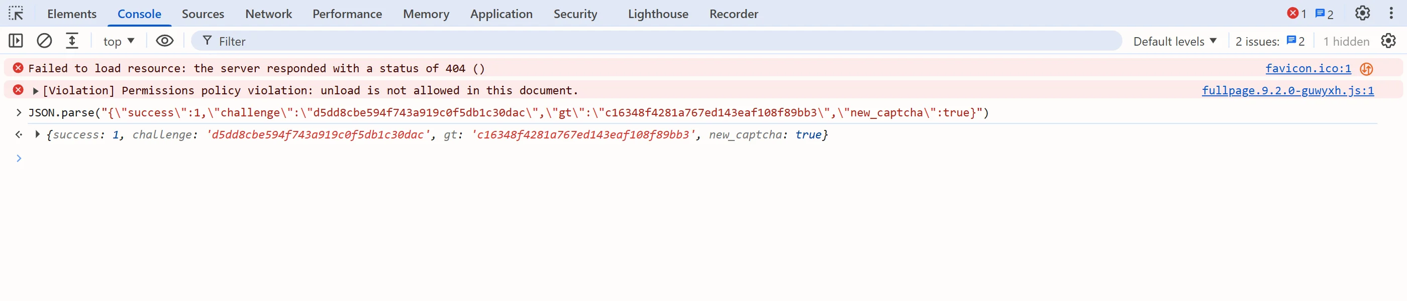The GeeTest register response JSON parsed in the DevTools console on GeeTest's slide demo