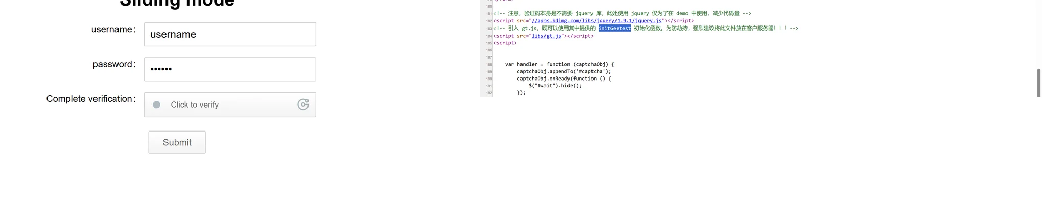 Left: the GeeTest slide widget on GeeTest's own demo page. Right: the demo page's source with the initGeetest call and the gt.js script tag
