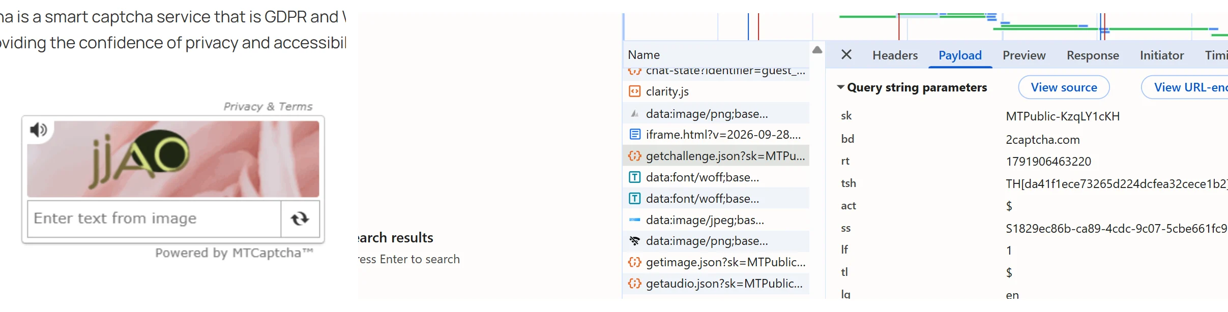 The MTCaptcha widget on the 2captcha.com demo form next to the DevTools Network panel listing the getchallenge.json request to service.mtcaptcha.com