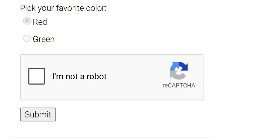 The reCAPTCHA v2 "I'm not a robot" checkbox rendered with Google's published demo key