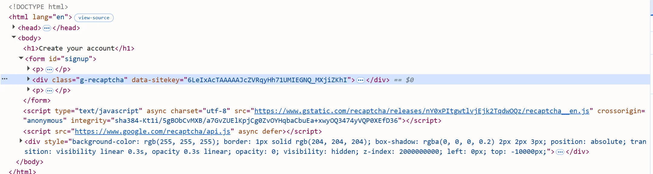 The g-recaptcha element selected in the Elements panel, with its data-sitekey attribute