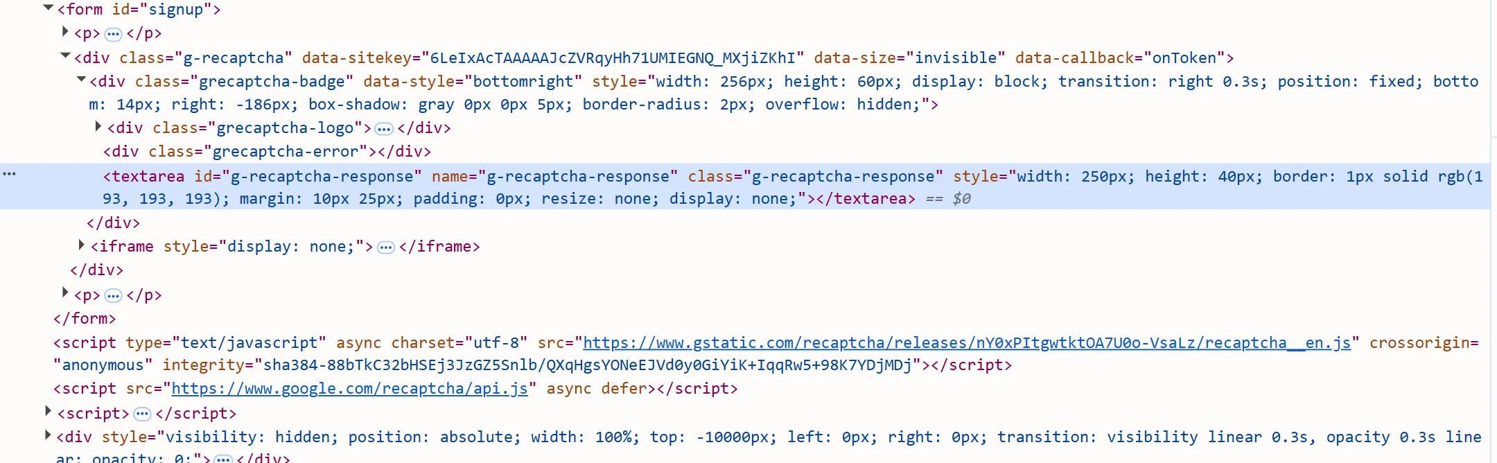 The hidden g-recaptcha-response textarea holding the token the widget just returned