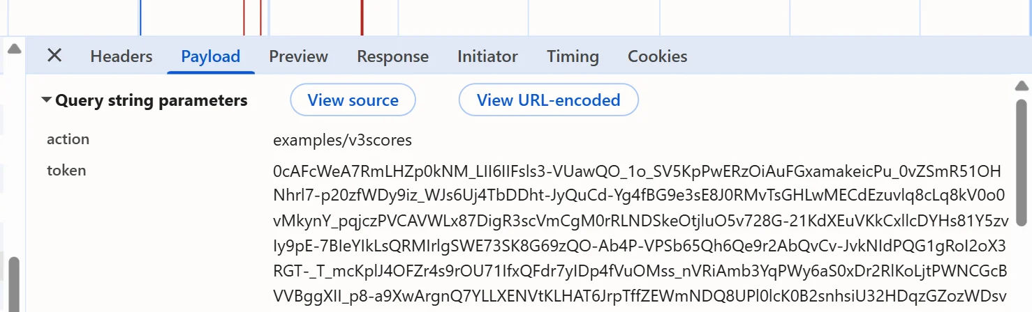 The page's own verification request in the Network panel; its payload view lists the action and the token