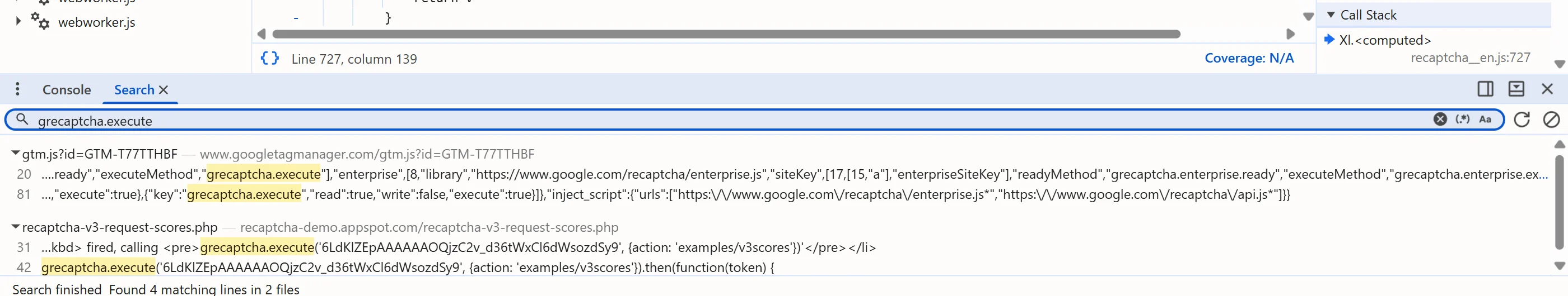 Global search in DevTools for grecaptcha.execute: the matched line shows the site key and the page's own action