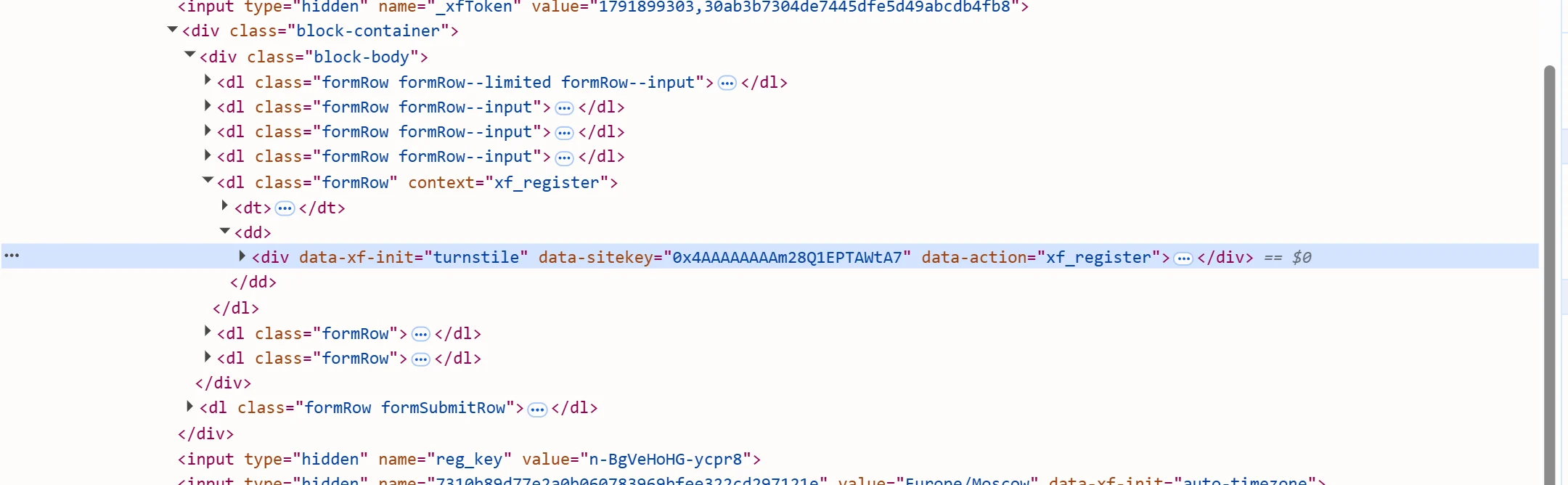 The Turnstile widget element in the Elements panel, with its data-sitekey attribute holding the sitekey