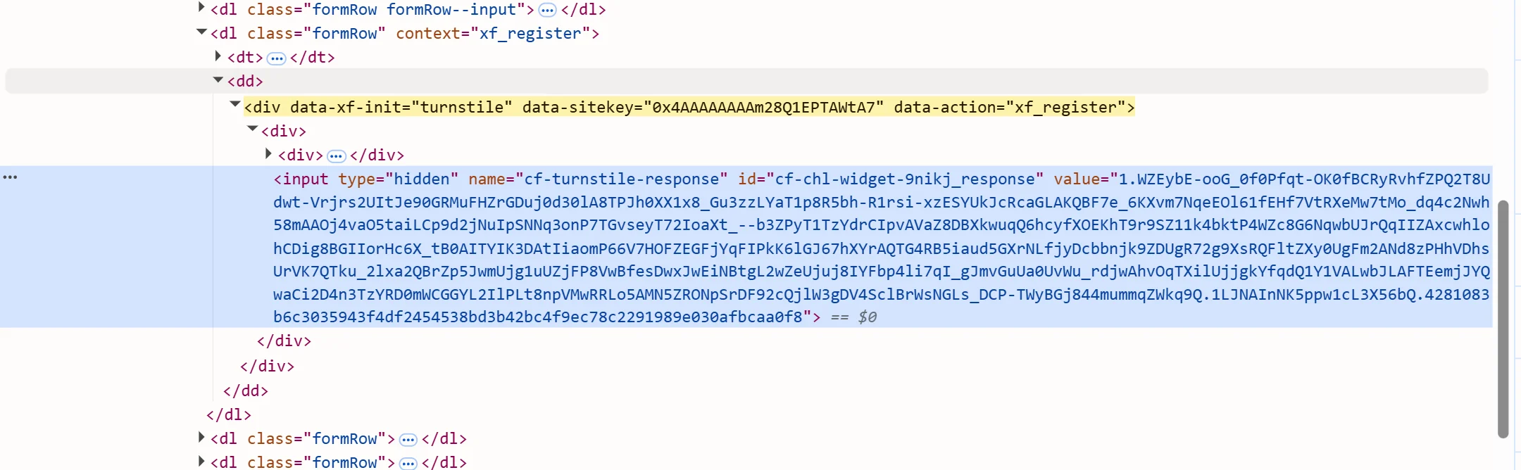 The hidden cf-turnstile-response input holding the token the widget returned