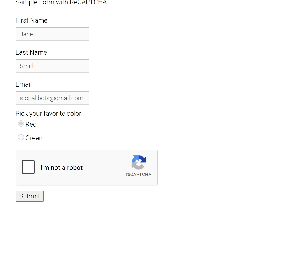 The reCAPTCHA v2 checkbox in a form, rendered with Google's published demo key